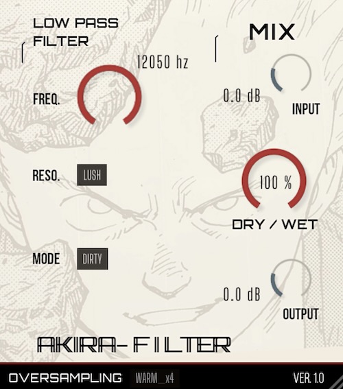 SMAOLAB「Akira-FILTER」SoftからGrittyまで選べる4種類のレゾナンスモードと300Hz〜12kHzのカットオフ調整、入力出力・ミックスコントロール、Clean/Dirtyモード、オーバーサンプリングまで備えた無料ローパスフィルター|DTMプラグインセール