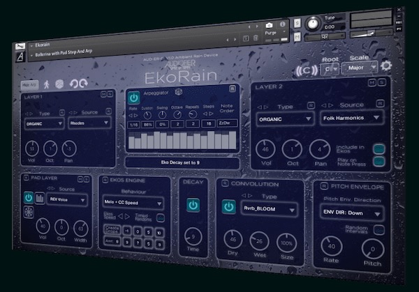 Audiofier「Ekorain」雨粒のように繊細で幻想的な音を自動生成するKontakt音源！映像音楽やアンビエント制作に最適な独創的サウンドツール｜DTMプラグインセール