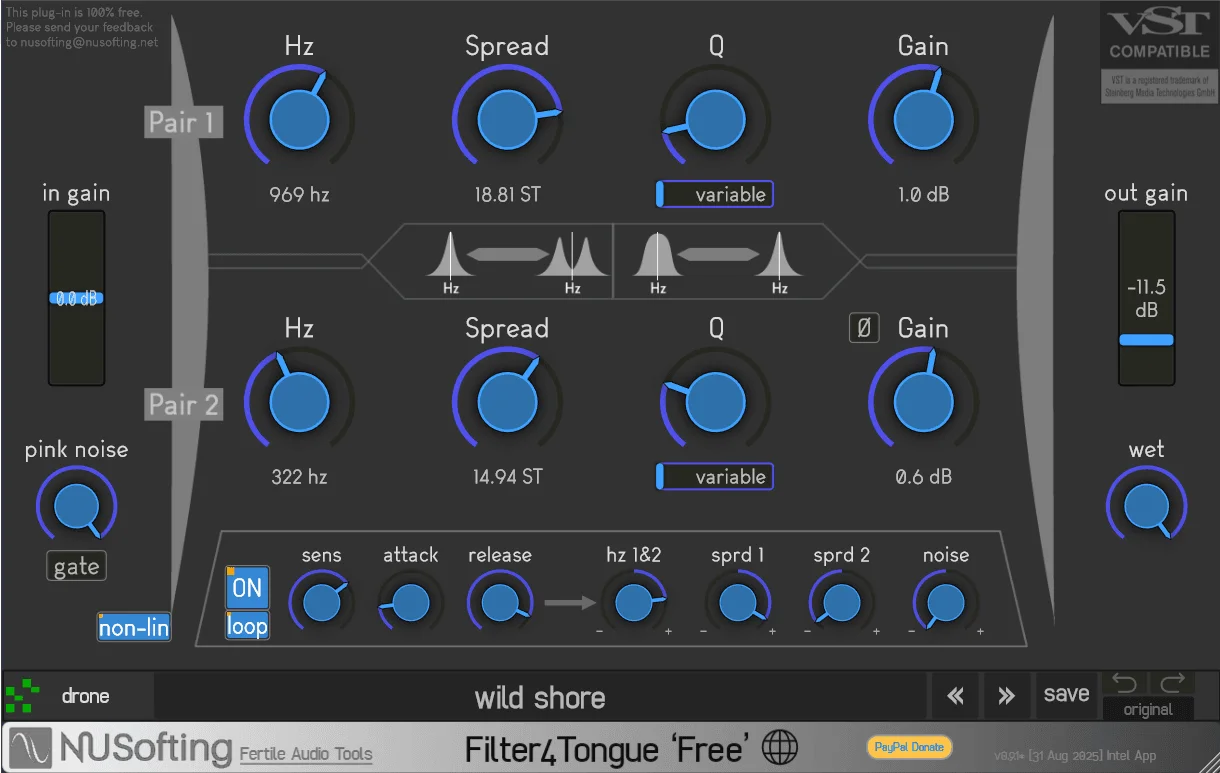 NUSofting「Filter4Tongue Free」ワウ、フォルマント、アコースティック共鳴、ドローンシェイピングなど独創的な機能を搭載し、無料で音に有機的な動きを与えられる革新的オーディオプラグイン｜DTMプラグインセール