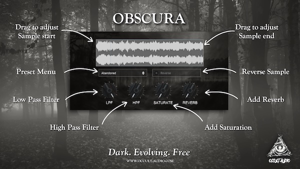 Occult Audio「OBSCURA」10種類のダークなドローンとフィルター・リバーブ搭載でホラー映画やスリラー作品に最適な無料プラグイン｜DTMプラグインセール