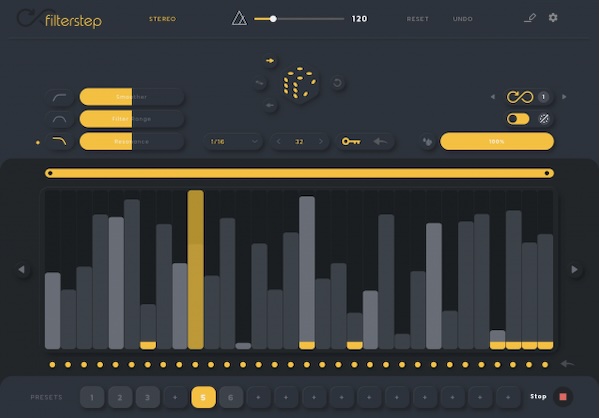 Audiomodern「Filterstep」単調なサウンドに動きと表情を加える！複雑で有機的なリズムエフェクトと無限に変化するパターン生成、無限変化が可能なフィルターエフェクト｜DTMプラグインセール