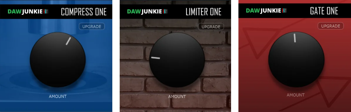 DAWJunkie「One Knob Dynamics Plugin Bundle」ミックスが一気に楽になる！設定不要・視覚メーターなし・迷わず使える、コンプ・リミッター・ゲートの3つを搭載した即戦力プラグイン集｜DTMプラグインセール