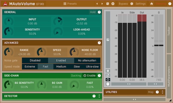 MeldaProduction「MAutoVolume」ベースやソロ楽器の存在感を一定に保つ！ミックス内で突然引っ込んでしまう主要パートの問題を、周囲の音源をサイドチェーンに送るだけで解決し、ほぼ無努力で理想的なバランスを実現する次世代音量管理システム｜DTMプラグインセール