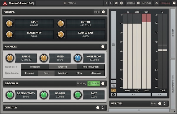MeldaProduction「MAutoVolume」ベースやソロ楽器の存在感を一定に保つ！ミックス内で突然引っ込んでしまう主要パートの問題を、周囲の音源をサイドチェーンに送るだけで解決し、ほぼ無努力で理想的なバランスを実現する次世代音量管理システム｜DTMプラグインセール