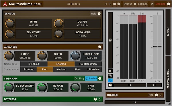 MeldaProduction「MAutoVolume」ベースやソロ楽器の存在感を一定に保つ！ミックス内で突然引っ込んでしまう主要パートの問題を、周囲の音源をサイドチェーンに送るだけで解決し、ほぼ無努力で理想的なバランスを実現する次世代音量管理システム｜DTMプラグインセール