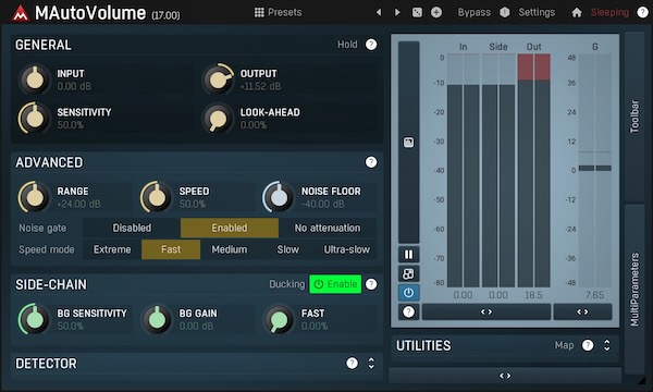 MeldaProduction「MAutoVolume」ベースやソロ楽器の存在感を一定に保つ！ミックス内で突然引っ込んでしまう主要パートの問題を、周囲の音源をサイドチェーンに送るだけで解決し、ほぼ無努力で理想的なバランスを実現する次世代音量管理システム｜DTMプラグインセール