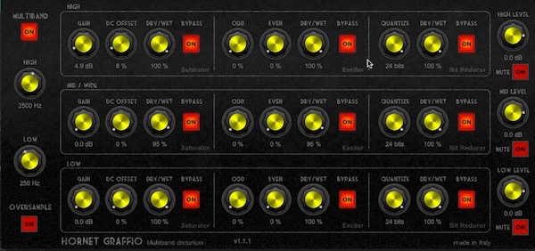 HoRNet Plugins「HoRNet Graffio」3バンド独立処理でサチュレーション・エキサイター・ビットクラッシャーを自由に組み合わせ、温かみあるアナログサウンドから攻撃的なデジタルノイズまで自在に生み出すマルチバンドディストーション｜DTMプラグインセール
