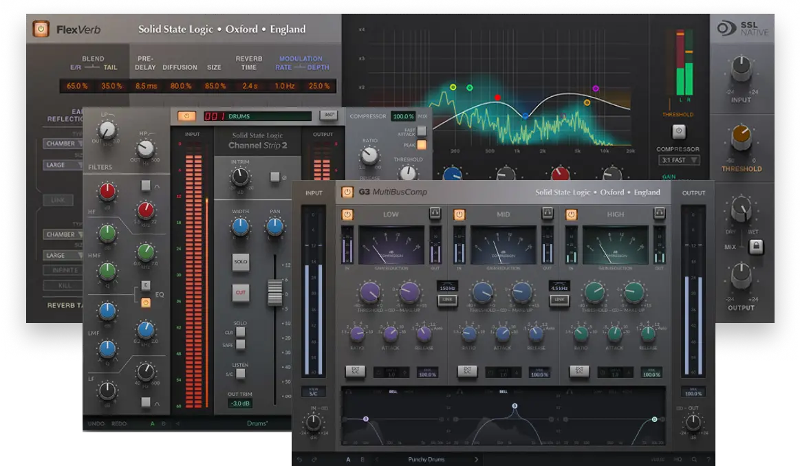 Solid State Logic「SSL Greatest Hits Bundle」SSL伝統のアナログサウンドと最先端の機能が手に入る!Channel Strip 2・G3 MultiBusComp・FlexVerb、3つのプロクオリティミックスが実現する万能バンドル|DTMプラグインセール