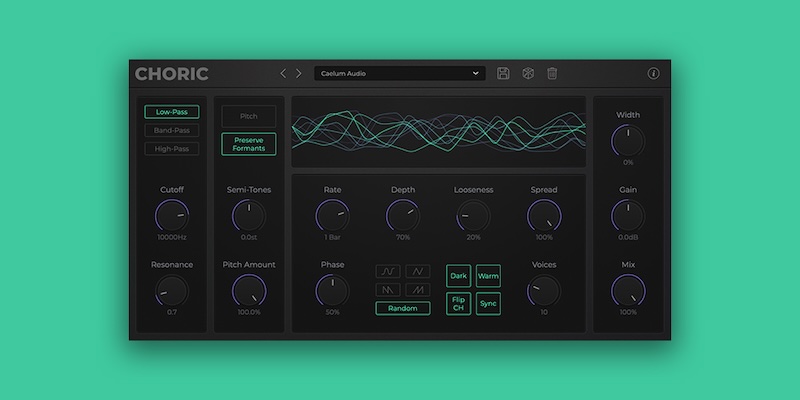 Caelum Audio「Choric」周波数帯域ごとに効果を制御できる柔軟設計！ローパス・バンドパス・ハイパスフィルターで処理対象を絞り込み、カットオフとレゾナンスで微調整しながら、±12半音のピッチシフトとフォルマント保持機能で音色の個性を維持する多機能コーラス｜DTMプラグインセール
