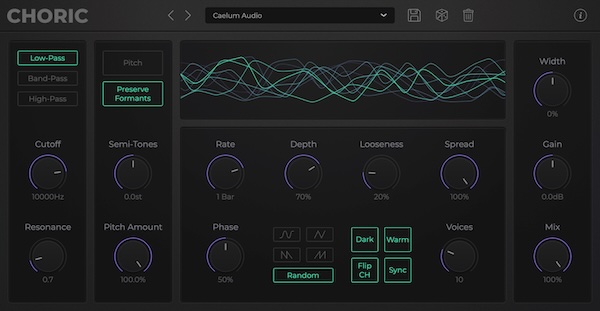 Caelum Audio「Choric」周波数帯域ごとに効果を制御できる柔軟設計！ローパス・バンドパス・ハイパスフィルターで処理対象を絞り込み、カットオフとレゾナンスで微調整しながら、±12半音のピッチシフトとフォルマント保持機能で音色の個性を維持する多機能コーラス｜DTMプラグインセール