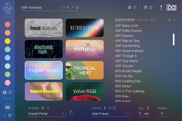 UVI「mosaiq」180種以上のコード進行・強力なMIDIシーケンシング・エンジン・AIベース・サウンド・リプレイサーMutate・全体ムード瞬時変更Varispeedにより、ランダマイゼーションで創造的境界を打ち破る現代制作体験｜DTMプラグインセール