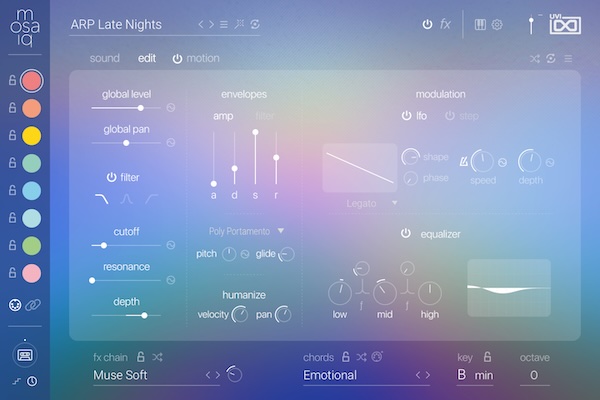 UVI「mosaiq」180種以上のコード進行・強力なMIDIシーケンシング・エンジン・AIベース・サウンド・リプレイサーMutate・全体ムード瞬時変更Varispeedにより、ランダマイゼーションで創造的境界を打ち破る現代制作体験｜DTMプラグインセール