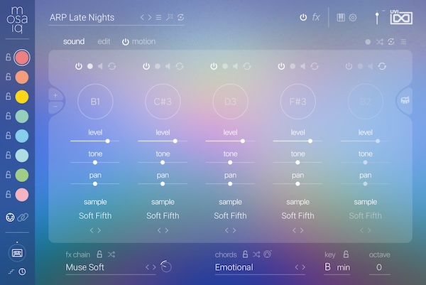 UVI「mosaiq」180種以上のコード進行・強力なMIDIシーケンシング・エンジン・AIベース・サウンド・リプレイサーMutate・全体ムード瞬時変更Varispeedにより、ランダマイゼーションで創造的境界を打ち破る現代制作体験｜DTMプラグインセール