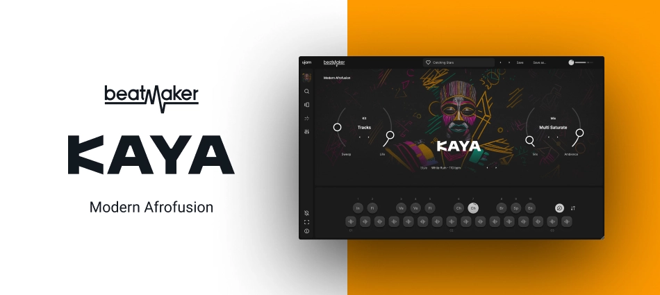 UJAM「BeatMaker KAYA」アフロフュージョン専用に設計されたリズム世界!アフロビートからアマピアノまで西アフリカ起源リズムを幅広くカバーし、アフロハウス制作からプロジェクト全体のテクスチャー追加まで対応する現代アフロフュージョン・バイブス|DTMプラグインセール