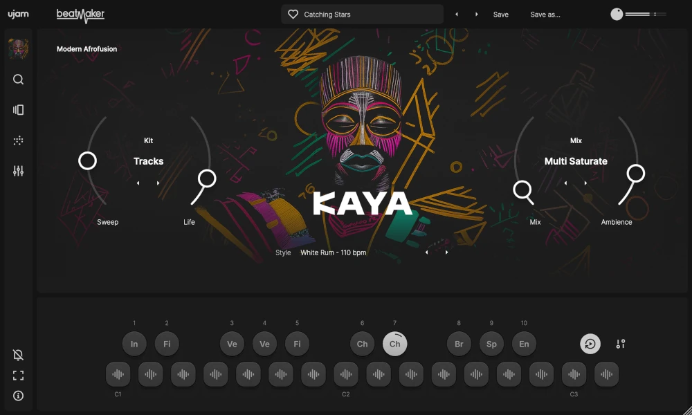 UJAM「BeatMaker KAYA」アフロフュージョン専用に設計されたリズム世界!アフロビートからアマピアノまで西アフリカ起源リズムを幅広くカバーし、アフロハウス制作からプロジェクト全体のテクスチャー追加まで対応する現代アフロフュージョン・バイブス|DTMプラグインセール