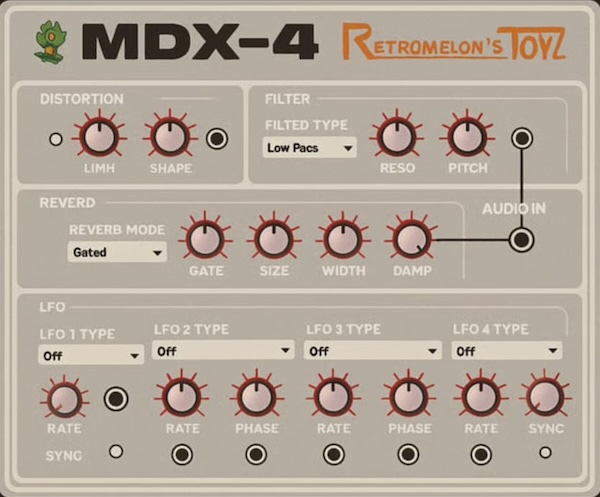 Retromelon’s TOYZ「MDX-4」アンビエント・Lo-Fi・IDM制作に革命!フィルター、リバーブ、ディレイ、ディストーションを自在に組み合わせ、動きのある音響表現を楽しむ、完全フリーのモジュラー型マルチエフェクト|DTMプラグインセール