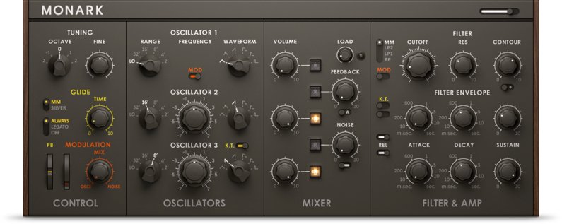 Native Instruments「Monark」40年の人気音楽の中心にあったシンセサイザーの全ニュアンスを驚異的ディテールでキャプチャ!エレクトロニック・ヒップホップ・インディー・ロック全ジャンルでベース・リード音の第一選択肢として君臨し続けるアナログ・モノシンセの王者|DTMプラグインセール