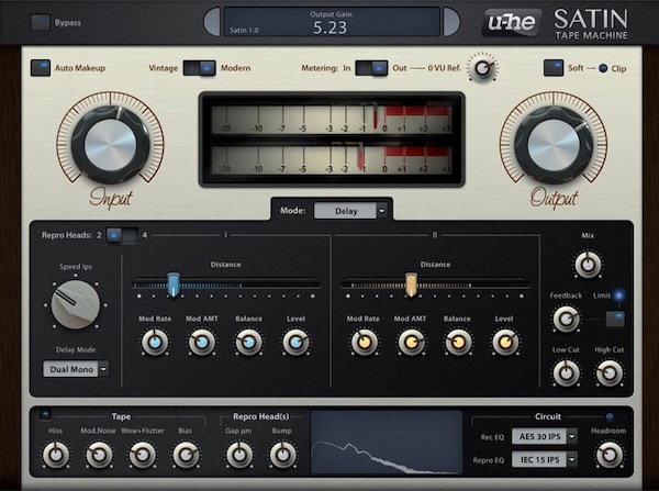 u-he「Satin」入力・出力レベル調整大型ノブとVU・ピークメーター搭載!プロ用クラシック・テープマシンから安価でナスティーなマシン・テープディレイ・フランジング・コーラスまで再現する高精度なテープシミュレーター|DTMプラグインセール