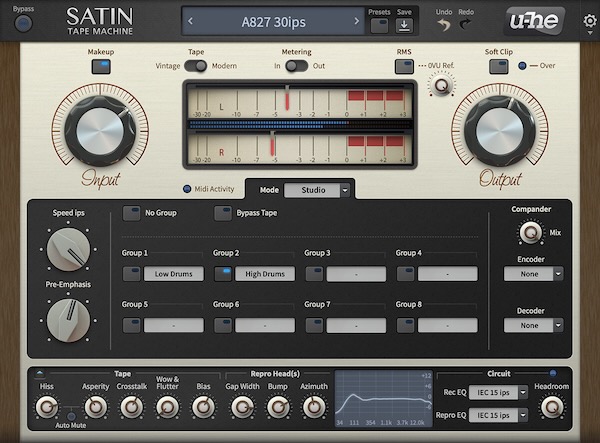 u-he「Satin」入力・出力レベル調整大型ノブとVU・ピークメーター搭載!プロ用クラシック・テープマシンから安価でナスティーなマシン・テープディレイ・フランジング・コーラスまで再現する高精度なテープシミュレーター|DTMプラグインセール