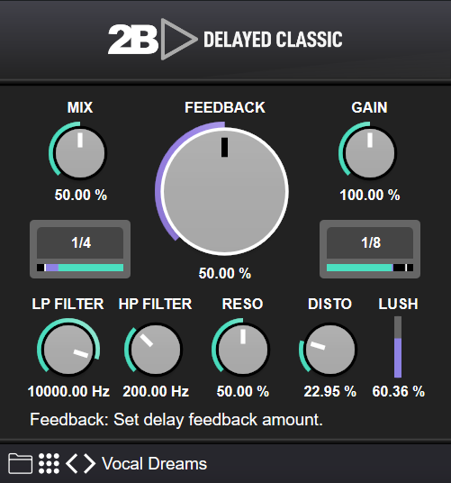 2B Played Music「2B DELAYED CLASSIC」空間を操り、音に立体感と深みを加える最強ディレイ!左右独立制御・フィルター・リバーブ・歪みを一体化した多機能プラグイン|DTMプラグインセール