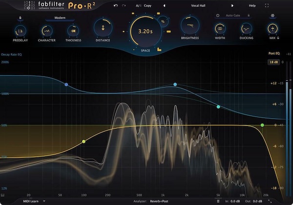 FabFilter「FabFilter Pro-R 2」3次元空間にリバーブを配置!長く明るいハイパー・リアル空間アンビエンス生成と、ドラム・ボーカル理想的な喚起的メタリック・サウンド提供Plate リバーブにより、Pro-R前作の現実的物理環境から明白に合成的テクスチャラル領域へ空間化レミット拡大|DTMプラグインセール