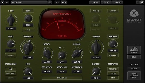 Tokyo Dawn Labs「TDR Molot GE」"ハンマー"を意味する名前通り、拡張柔軟性とロックンロール精神を惜しみなく注入し、複数クラシック・コンプレッション・メカニズムを洗練されたサチュレーション・創造的トーン・コントロール・スナッピー・ピーク・リミッターと融合させたダイナミック・コンプレッサー|DTMプラグインセール