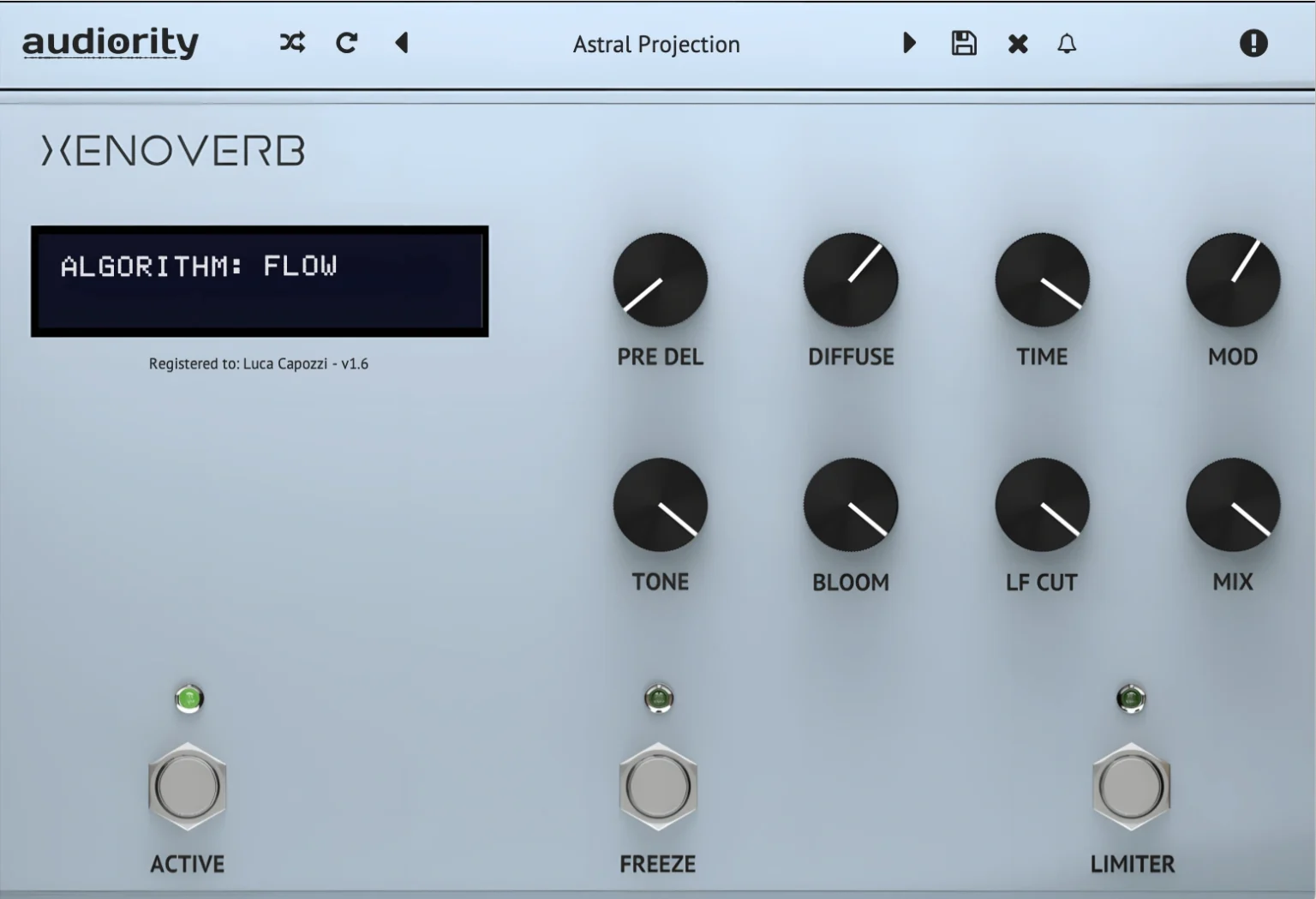 Audiority「XenoVerb」クラシックからクリエイティブまで13リバーブ・アルゴリズム搭載！ROOM、HALL、LARGE HALL等、クリーン・シンプル・インターフェースで幅広いリバーブ提供する多用途リバーブ｜DTMプラグインセール