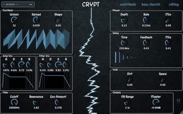 Vitling / Bow Church「CRYPT」最大64オシレーターのHyper-Unisonで冷たく広がる重厚サウンドを実現!TranceやWitch Houseに最適な、軽量・高性能・無料のソフトウェアシンセサイザー|DTMプラグインセール