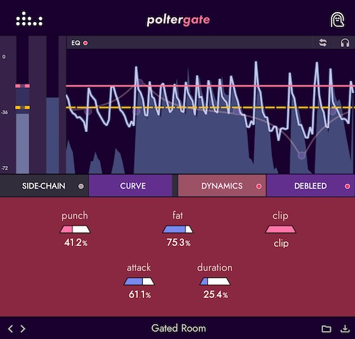 Denise Audio「poltergate」音の明瞭さを高め、ドラムやベースの処理に強く、しかもUIもシンプルで使いやすい！ゲート、トランジェントデザイン、デブリード、EQ、クリッパーなどが統合されたマルチダイナミクス処理プラグイン｜DTMプラグインセール