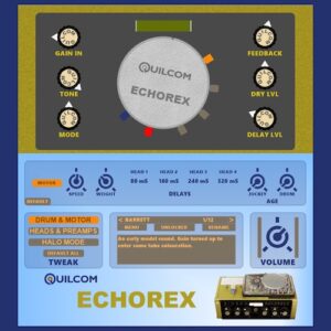 Quilcom「ECHOREX」60年代のサイケデリックなエコー感を完全再構築！ピンク・フロイドも使用した伝説のエコーマシン"Binson Echorec"の独特なサウンドと精神を再現した無料プラグイン｜DTMプラグインセール