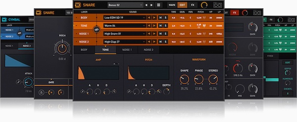 UVI「Drum Designer」各サウンドの個別コンポーネントを外科的に変更可能にし、タイト・ハードヒッティング・キット制作・トラック・マッチング・バリエーション即座作成・ワイルド新テクスチャー・デザインを絶対的コントロールで実現するドラム作成ツール|DTMプラグインセール