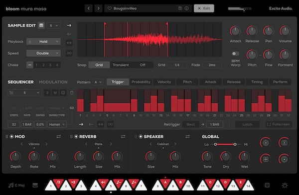 Excite Audio「Bloom Mura Masa」ドラムキット、ベース、シンセ、そしてあなた自身のサンプルまで統合し、『完全な楽曲制作に必要なすべて』を提供する、ワンショットとループが完璧に同期するフレーズ構築システム｜DTMプラグインセール