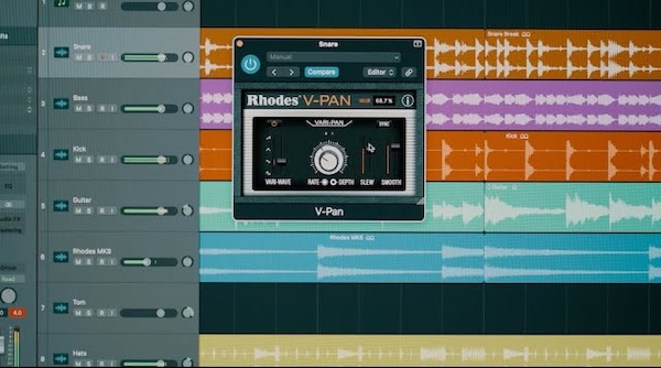 Rhodes「V-Pan」1970年代スーツケース・ピアノで業界標準となった伝説的『ビブラート』ステレオパンニングエフェクトを、あらゆる楽器に適用できるプラグインとして再構築した高性能なオートパン&モジュレーション・エフェクト|DTMプラグインセール