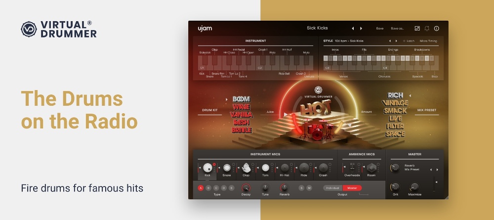 Ujam「HOT」世界クラスのレコーディングエンジニアと最高級スタジオで録られたドラムサウンドに、感染力のあるグルーヴと完璧に処理されたパンチを実現するドラム音源|DTMプラグインセール