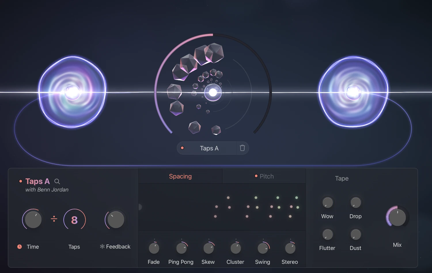 Lunacy「Taps & Portals」最小限の入力で完全に自己進化するサウンドユニバースを実現!シンプルなエコーをクリーンなクラシックリピートからシュールで万華鏡的なディレイパターンまで変換する次世代ツール|DTMプラグインセール