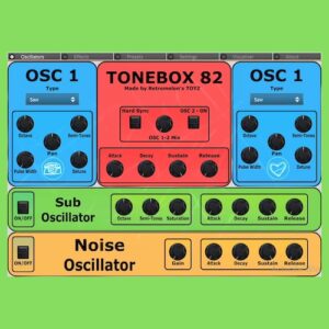 Retromelon’s TOYZ「ToneBox 82」直感的な操作性と圧倒的な音作りの自由度！2基のFMオシレーターと内蔵エフェクトで即戦力になる無料ソフトシンセ｜DTMプラグインセール