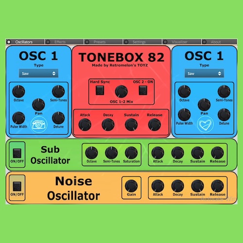 Retromelon’s TOYZ「ToneBox 82」直感的な操作性と圧倒的な音作りの自由度！2基のFMオシレーターと内蔵エフェクトで即戦力になる無料ソフトシンセ｜DTMプラグインセール