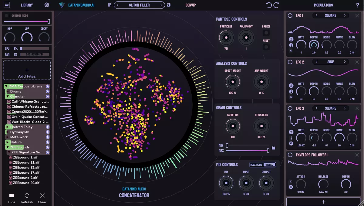 Datamind Audio「Concatenator」あらゆるサウンドライブラリを、マイク、楽器、またはオーディオファイルをリアルタイム入力として使用し、瞬時にプレイアブル・インストゥルメントに変換する、音を再構築するAI楽器｜DTMプラグインセール