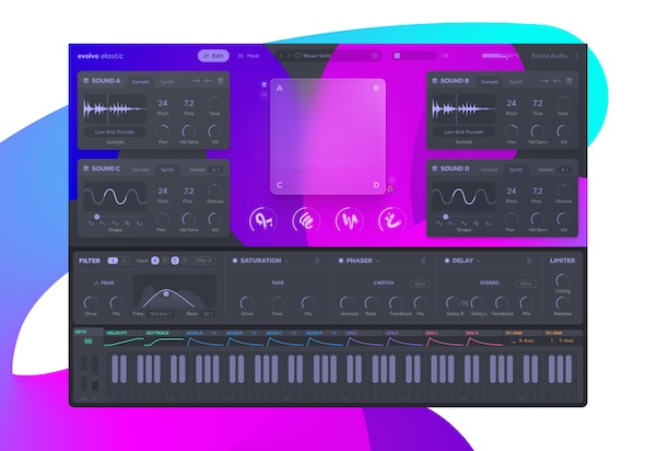 Excite Audio「Evolve Elastic」エラスティック（弾性）の遊び心が生み出す未来的サウンド変容！250以上の音源を4レイヤーで自在に操り、予測不可能な音色へと変貌させるサンプルベース・シンセサイザー｜DTMプラグインセール
