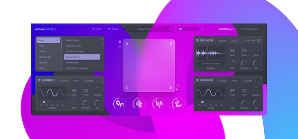 Excite Audio「Evolve Elastic」エラスティック（弾性）の遊び心が生み出す未来的サウンド変容！250以上の音源を4レイヤーで自在に操り、予測不可能な音色へと変貌させるサンプルベース・シンセサイザー｜DTMプラグインセール