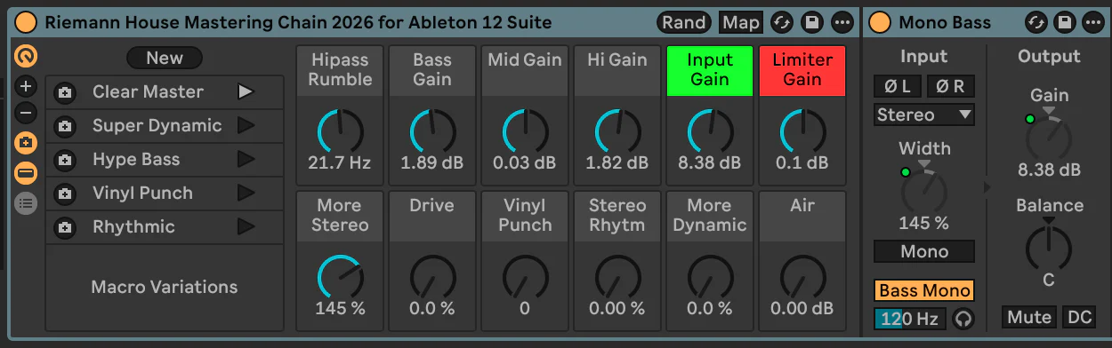 Riemann Kollektion「Riemann House Mastering Chain 2026 for Ableton Live」SolomunやKeinemusikのような重厚なハウスサウンドを再現!バランス・音圧・温かみまでワンタッチ調整できるAbleton Live専用チェイン|DTMプラグインセール