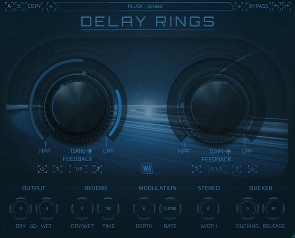 W. A. Production「Delay Rings」単純なエコーを超えた三次元空間演出！2つの独立したディレイが複雑な渦巻きパターンを織りなし、サウンドをリスナーの周囲に絶え間なくリズミカルに旋回させる次世代ダイナミック・ディレイエンジン｜DTMプラグインセール