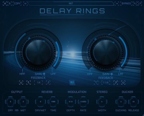 W. A. Production「Delay Rings」単純なエコーを超えた三次元空間演出！2つの独立したディレイが複雑な渦巻きパターンを織りなし、サウンドをリスナーの周囲に絶え間なくリズミカルに旋回させる次世代ダイナミック・ディレイエンジン｜DTMプラグインセール