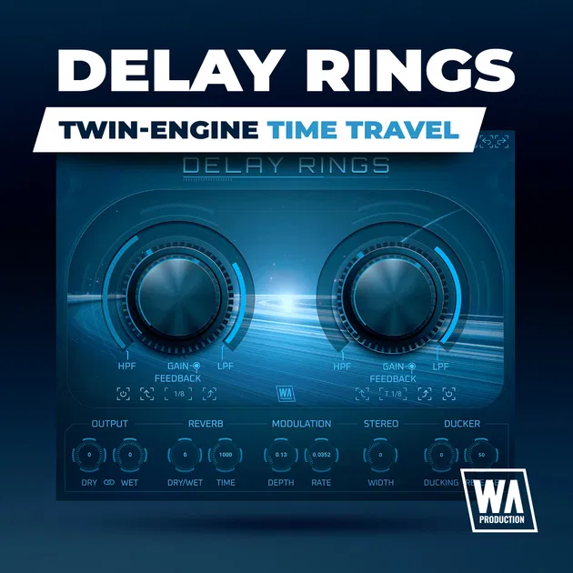 W. A. Production「Delay Rings」単純なエコーを超えた三次元空間演出！2つの独立したディレイが複雑な渦巻きパターンを織りなし、サウンドをリスナーの周囲に絶え間なくリズミカルに旋回させる次世代ダイナミック・ディレイエンジン｜DTMプラグインセール