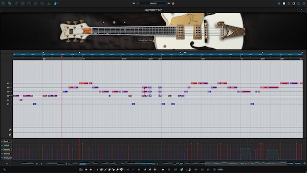 Ample Sound「Ample Guitar WF」1959年製グレッチ・ホワイトファルコンのヴィンテージサウンドをスタジオに！ピアノロールとギタータブのデュアルビュー、弦の視覚化システム、革新的なストラム&コードシステムを搭載した次世代ギター音源｜DTMプラグインセール
