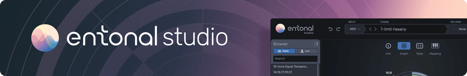 Node Audio「Entonal Studio」あなたの愛用シンセサイザーを微分音楽器に変える直感的なチューニング革命！放射状グラフと柔軟なキーボードマッピングで個々の音程を簡単に調律し、VST/AU音源をホスティング可能な次世代マイクロトーナル・プラグイン｜DTMプラグインセール