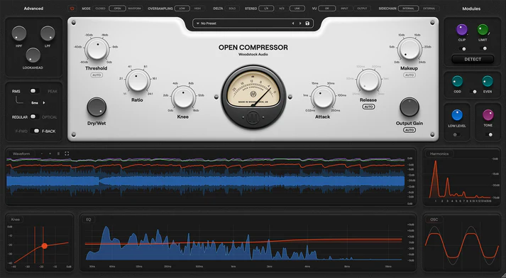 Woodstock Audio「Open Compressor」コンプレッサーの内部構造を完全に可視化し、ダイナミクス処理の技術を深く理解する！クリッピング、リミッティング、オートスレッショルドで99%の状況に対応する万能コンプレッサー｜DTMプラグインセール