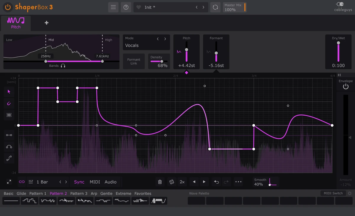 Cableguys「PitchShaper」描画可能なピッチシフターが生み出す動的なメロディと未来的FX!Complex、Vocals、Drums、Vintageの4つのアルゴリズムを搭載し、オクターブジャンプからフォルマント操作、マルチバンド処理まで自在に描き込める次世代ピッチシフト|DTMプラグインセール