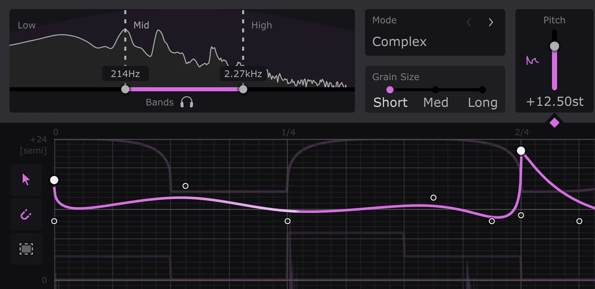 Cableguys「PitchShaper」描画可能なピッチシフターが生み出す動的なメロディと未来的FX!Complex、Vocals、Drums、Vintageの4つのアルゴリズムを搭載し、オクターブジャンプからフォルマント操作、マルチバンド処理まで自在に描き込める次世代ピッチシフト|DTMプラグインセール