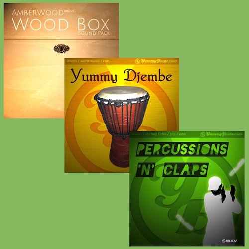 Yummy Beats「WoodBox SoundPack、Yummy Djembe、Yummy Percussions & Claps」フォークからヒップホップ、Lo-fi、エスニックまで活躍する、自然で有機的な打楽器音源3製品！音に温もりと人間味を加える制作のマストアイテム｜DTMプラグインセール